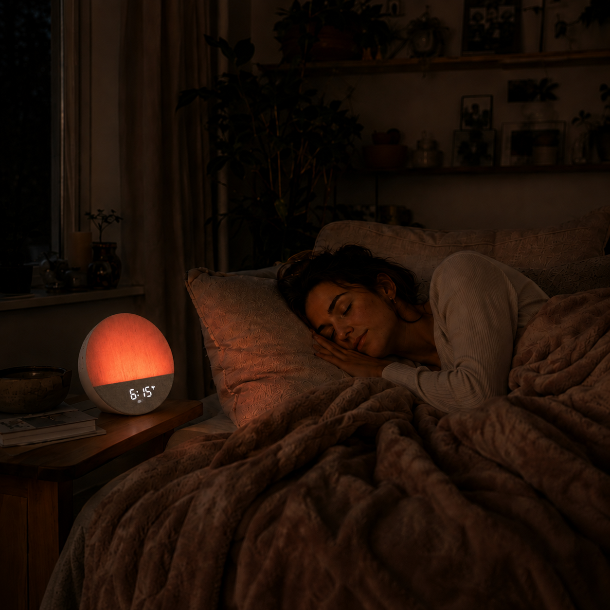 Femme réglant son réveil simulateur d'aube sur une table de nuit