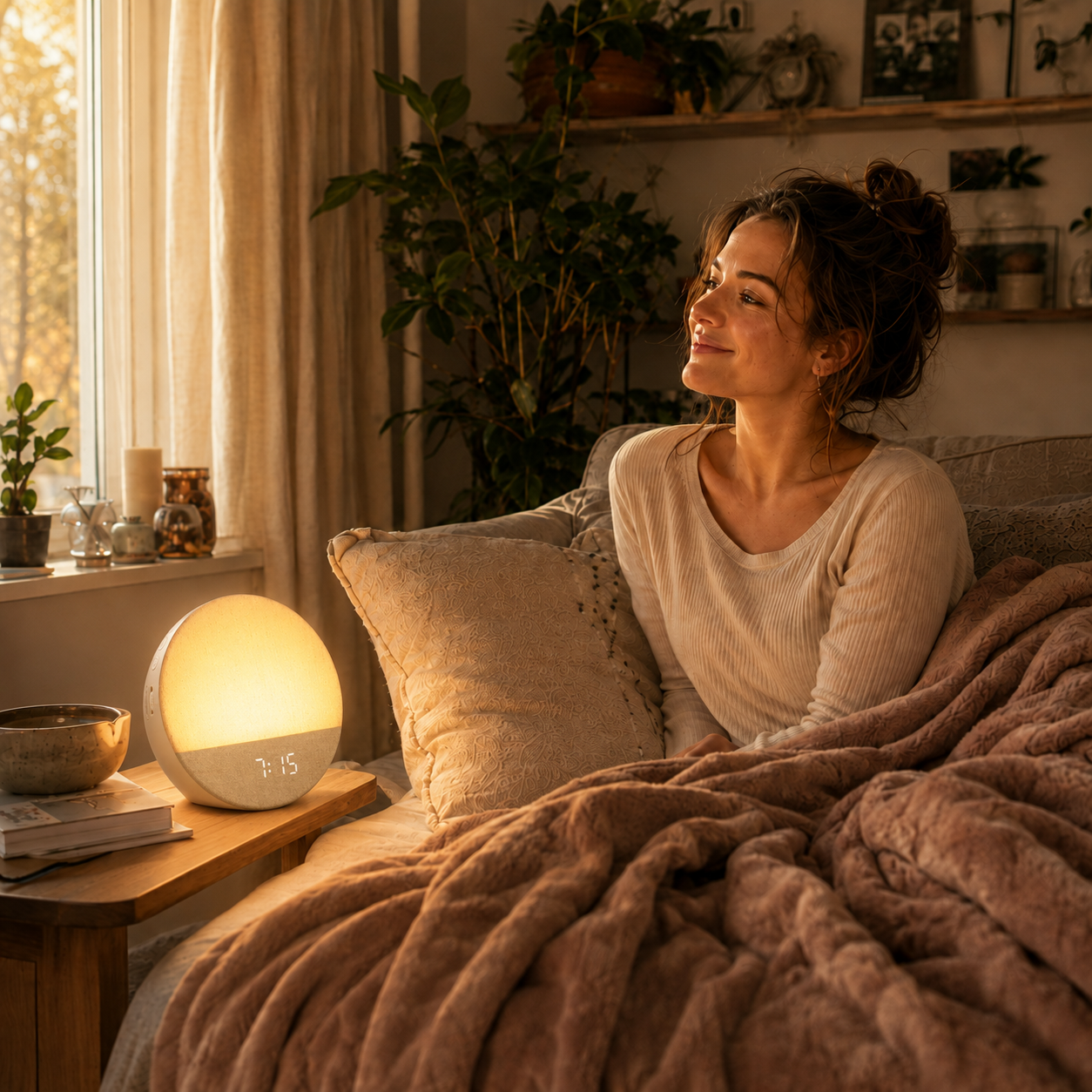 Femme se réveillant calmement dans une chambre lumineuse